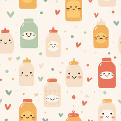 Adorable Cute Sauce Bottles Seamless Pattern Happy Food Illustration