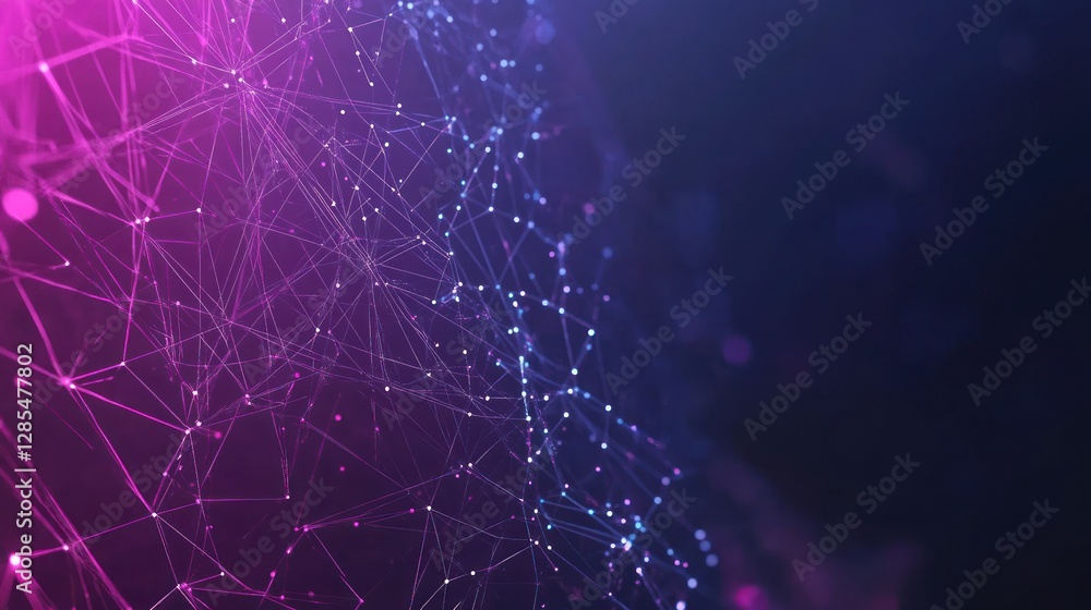 Poster abstract digital network visualization with interconnected nodes and lines in vibrant pink and blue 