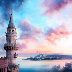 Fototapeta premium Istanbul Mosque Tower Sunrise View