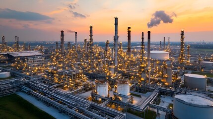 Dramatic aerial view of a large oil refinery complex at sunset with steam and lights creating a visually striking and industrialized scene