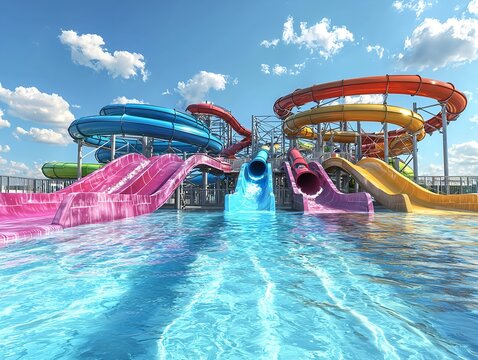 Colorful water park with twisting slides and swimming pool under sunny blue sky