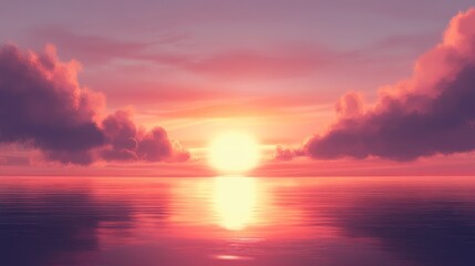 Fototapeta premium Vibrant sunset over calm ocean, reflecting golden light on water surface with pink and purple clouds.
