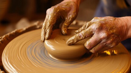 Hands shaping clay on pottery wheel