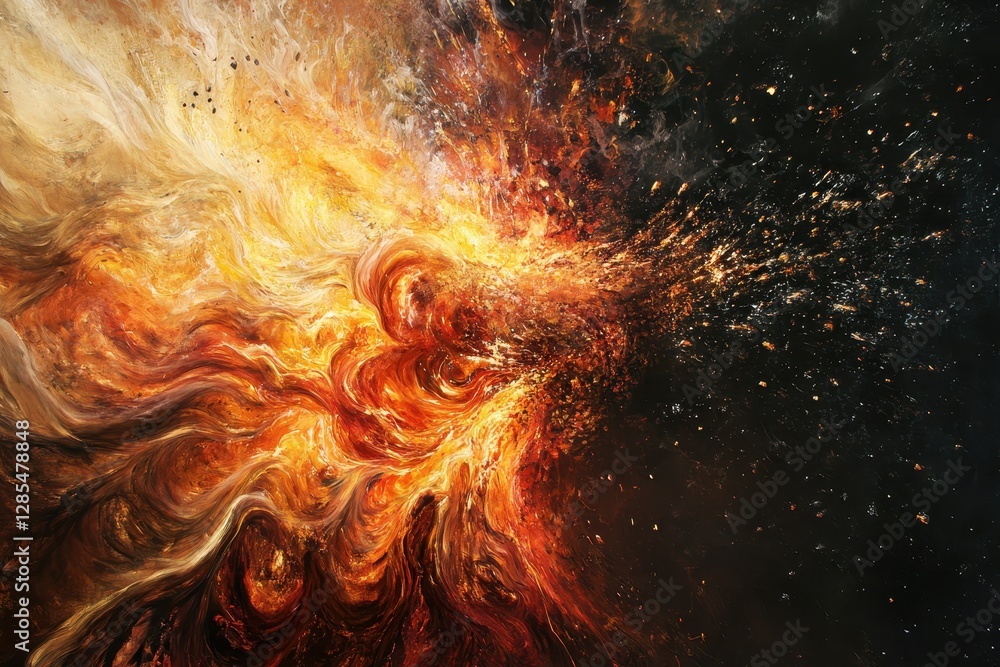 Poster dynamic fire explosion creating vivid patterns in the dark space, fantastic fire explosion