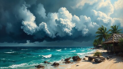 Classic oil painting of a stormy Bahamas beach scene with dramatic weather and vibrant colors