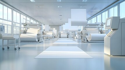 Fototapeta premium Efficient Factory Floor with Automated Paper Processing Machines Pressing and Smoothing Paper Sheets in a Modern Industrial Production Facility