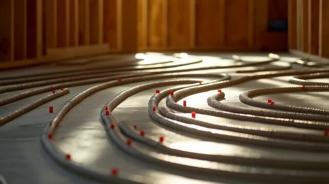 Curved metal pipes laid on a floor in a construction site, illuminated by soft golden light