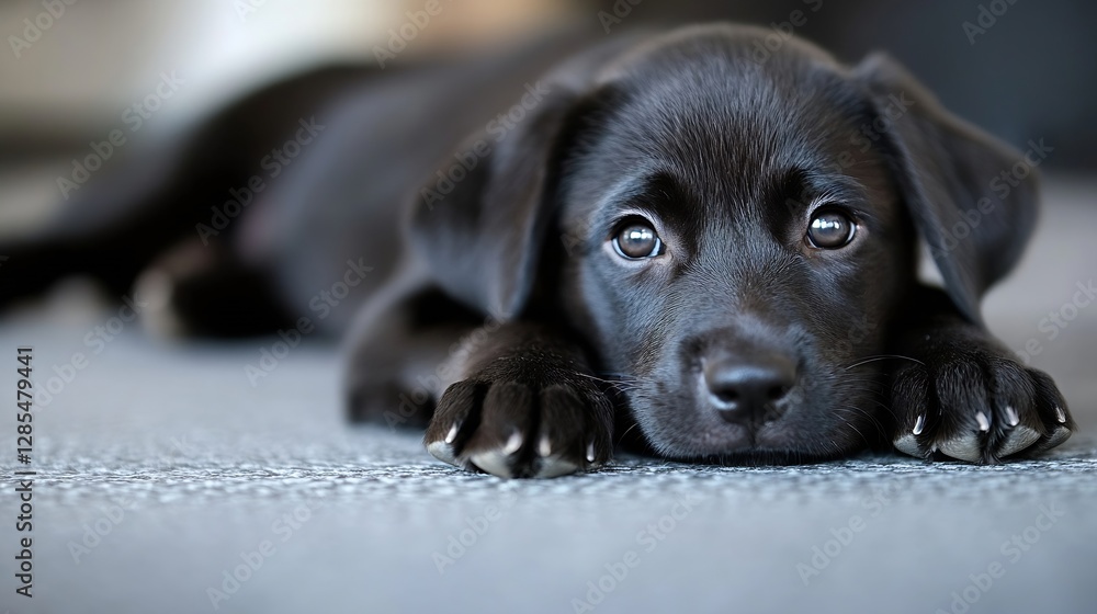 Poster Adorable Black Labrador Puppy with Expressive Eyes Resting on the Floor indoors : Generative AI