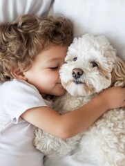 Child Snuggling with Adorable Dog on Soft Bed : Generative AI