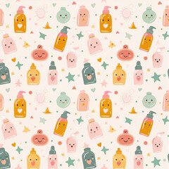 Adorable Skincare Products Seamless Pattern Cute Bottles and Happy Faces Design