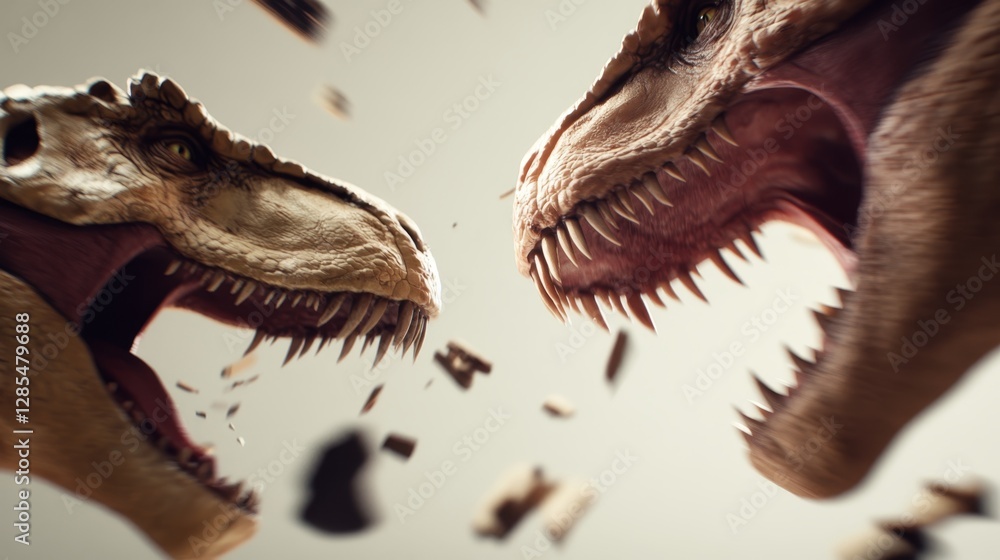 Poster dramatic confrontation between two dinosaurs showcasing fierce expressions and dynamic motion during