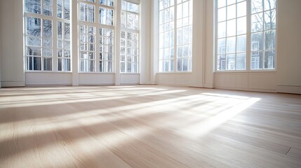 Bright and Spacious Empty Room with Sunlight Streaming Through Large Windows : Generative AI