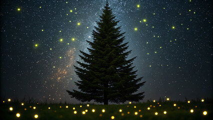 Fototapeta premium Majestic Pine Tree Under Starry Sky with Fireflies Illuminating the Ground at Night