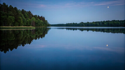 Fototapeta premium Serene Lake at Dusk with Moonlight and Forest Reflection Under Calm Sky