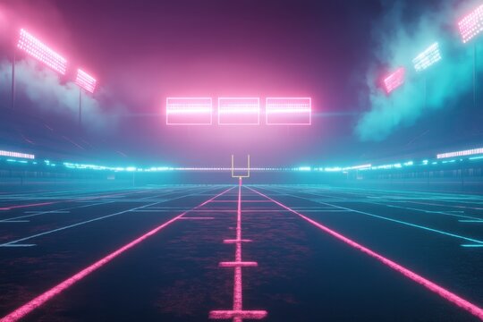 Vivid neon lights illuminating an empty sports stadium during a night event, start text over neon sports stadium