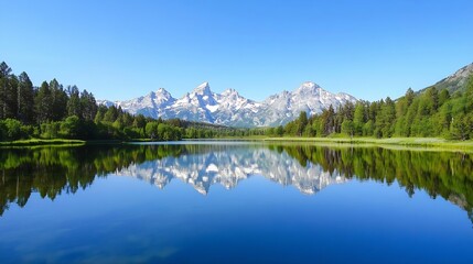 Stunning Reflection of Snow-Capped Mountains on Tranquil Lake Under Clear Blue Sky : Generative AI