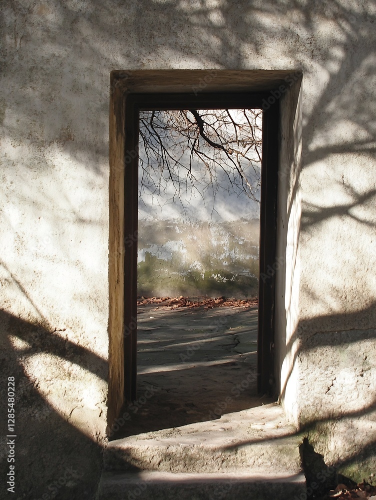 Poster ancient doorway framed by shadows leading to a mysterious scene beyond : generative ai