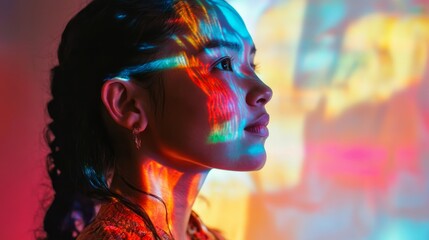 Young woman with colorful light projections on her face, set against a vibrant background