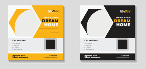 Real estate home sale social media post, Social media posts banner ads template set for Plumbing, Construction social media post banner design Template