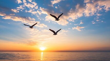 Fototapeta premium Seagulls Flying Against a Stunning Sunset Over the Ocean : Generative AI