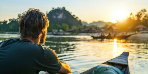 Fototapeta premium Taking a slow boat down the Mekong River, Laos, serene and affordable travel.