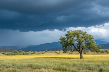 Obraz premium Stormy sky over a vibrant rapeseed field with a solitary tree in the landscape, rapeseed field against a stormy sky