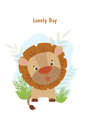 Cute furry lion cub in savanna. Flat style vector illustration for birthday invitation, cards and stickers.