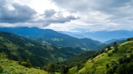Fototapeta premium Breathtaking Mountain Landscape with Lush Green Valleys under a Dramatic Sky : Generative AI