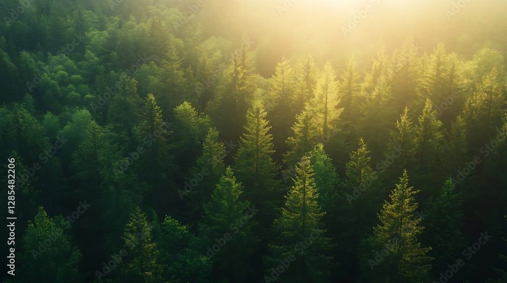 Poster lush green forest aerial view with sunlight filtering through the trees : generative ai