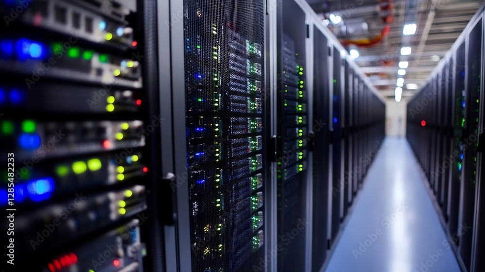 Fototapete modern server room with high tech data center racks and glowing led indicators : generative ai