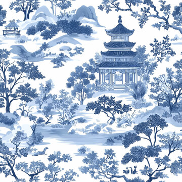 An intricate design of white and blue chinoiserie pattern with pagoda trees, flowers and small animals in landscape 