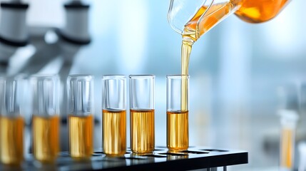 Macro close up view of raw crude oil being poured into a transparent glass lab test tube for inspection and analysis in a scientific laboratory setting