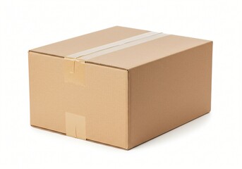 A sturdy, sealed cardboard box with clear packing tape, placed on a white background. Ideal for shipping, storage, or moving purposes.