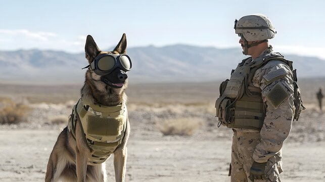 Military K9 wearing tactical goggles and protective vest standing alongside a soldier in a desert landscape setting highlighting the specialized equipment and training of canine units in military