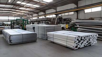 Organized and efficient storage of neatly stacked and bundled metal sheets including steel and aluminum in a large industrial warehouse facility