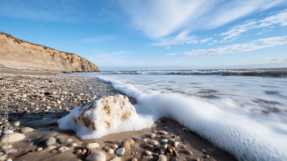 Poster scenic view of sandy beach with waves rolling in and rocky shoreline : generative ai