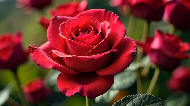Timelapse of blooming red rose with vibrant petals and green stem in natural garden environment