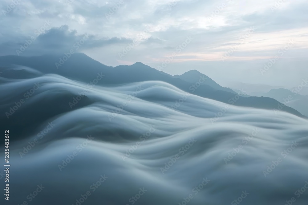 Poster timelapse captures clouds gracefully flowing over a mountain range at dawn, time-lapse of clouds flo