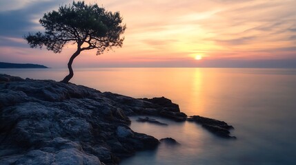 Tranquil sunset with a lone tree silhouetted against the horizon reflecting off calm waters by the seaside : Generative AI