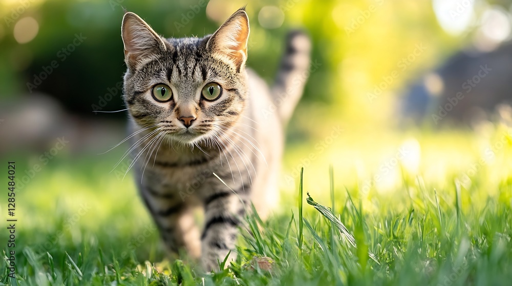 Poster charming striped cat strolling through a vibrant green garden with blurry background : generative ai