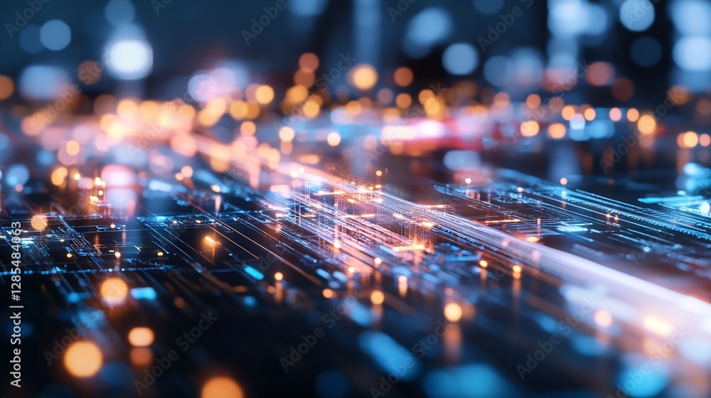 Leinwandbilder Futuristic glowing digital technology background with colorful bright lights and circuits representing innovation : Generative AI