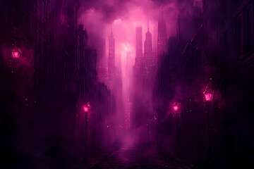 Mysterious Pink Purple City Street at Night