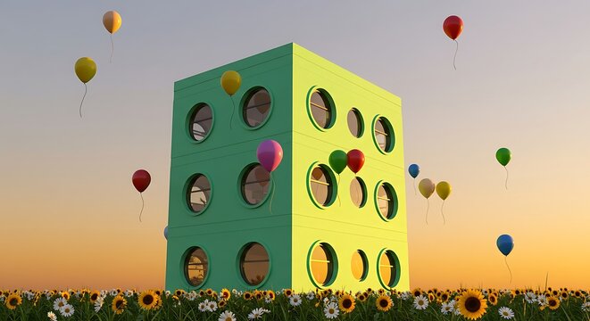 Green Cube Building with Colorful Balloons in a Sunset Field
