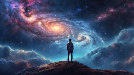 Fototapeta premium A silhouetted figure stands on a rocky outcrop, gazing up at a vibrant, swirling galaxy filled with stars and colorful nebulae.