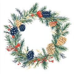 Naklejka premium Festive pinecone and berry wreath decoration.