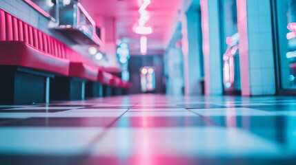 Retro diner interior, neon lights, checkered floor, night scene, restaurant design