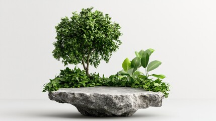 Floating rock platform with lush greenery. Ideal for product presentation