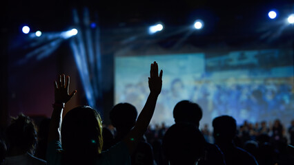 Hands, crowd or audience or music festival at night for a party or event of celebration together....