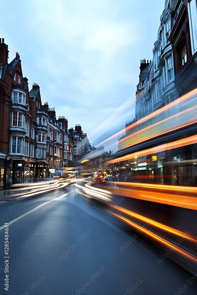 Poster dynamic cityscape at twilight with light trails of buses and cars in london : generative ai