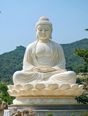 Fototapeta premium Majestic White Buddha Statue Surrounded by Lush Green Mountains Under Clear Blue Sky : Generative AI